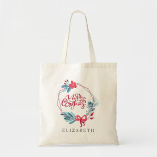 Modern Blue Red Geometric Frame Merry Christmas Tote Bag