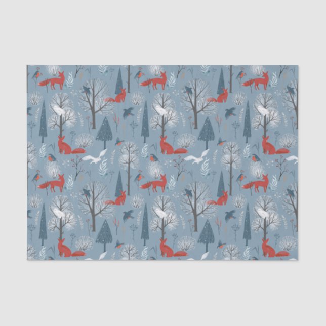 Modern Blue Red Nordic Winter Foxes Birds Pattern Tissue Paper (Front)
