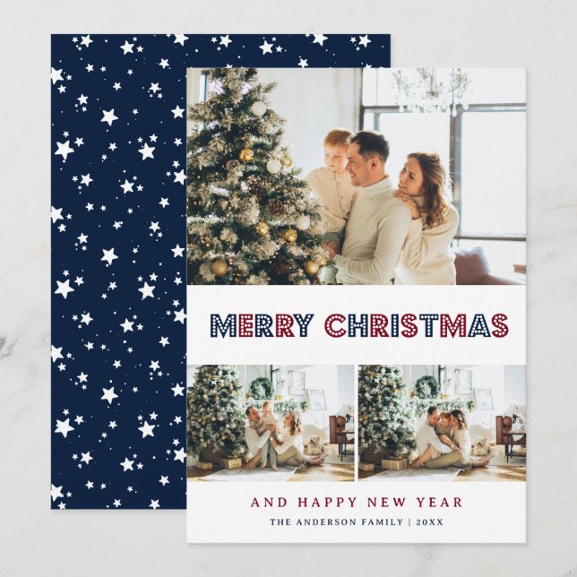 Modern Blue Red Snow Stars Photo Collage Holiday Card (Front/Back)