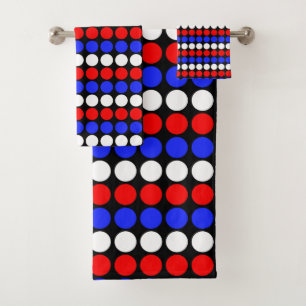 Modern Blue Red White Dotted Stripes on Black Bath Towel Set