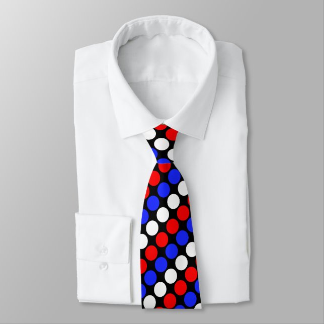 Modern Blue Red White Dotted Stripes on Black  Tie (Tied)
