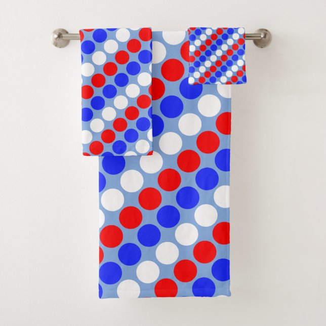 Modern Blue Red White Dotted Stripes on Sky Blue Bath Towel Set (Insitu)