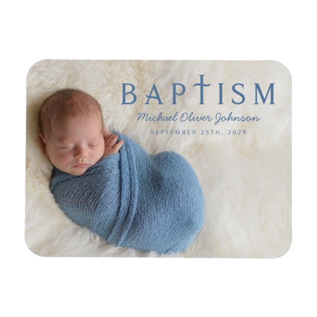 Modern Blue Religious Cross Boy Baptism Photo Magnet (Horizontal)