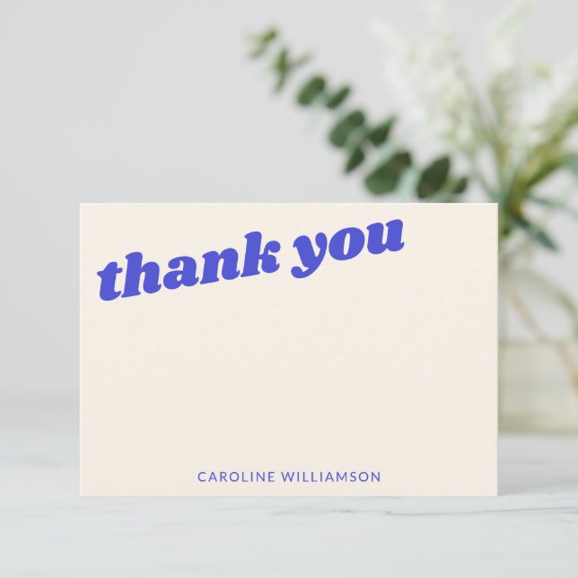Modern Blue Retro Baby Shower Personalized Name Thank You Card (Standing Front)