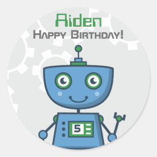 Modern Blue Robot Boys Birthday Party Classic Round Sticker