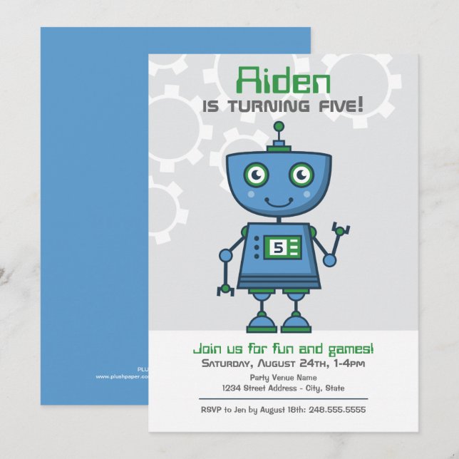 Modern Blue Robot Boys Birthday Party Invitation (Front/Back)