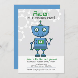Modern Blue Robot Boys Birthday Party Invitation