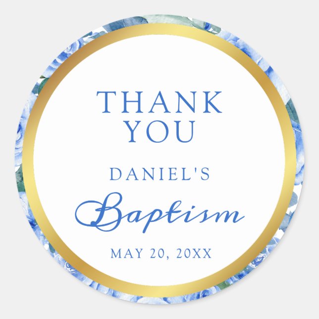 Modern Blue Rose Baptism Thank You  Classic Round Sticker (Front)