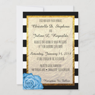 Modern Blue Rose Faux Gold Foil Striped Wedding Invitation