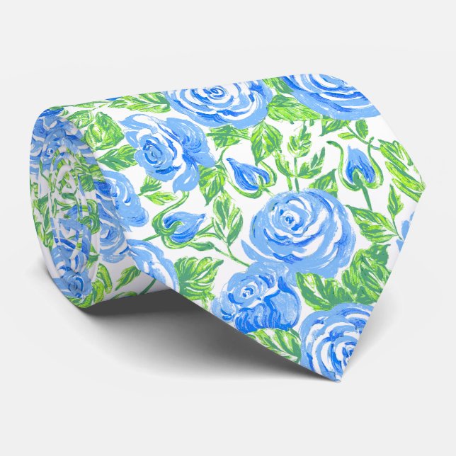 Modern Blue Rose Floral Pattern Wedding Tie (Rolled)
