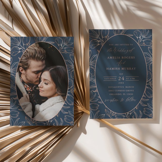 Modern Blue & Rose Gold Foliage Wedding Invitation (Creator Uploaded)
