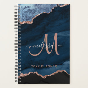 Modern Blue Rose Gold Glitter Agate Monogram 2024 Planner