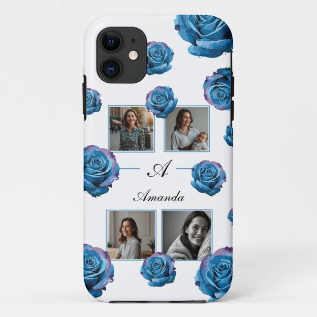 Modern Blue Rose Monogram Photo Collage Custom Mom Case-Mate iPhone Case (Back)