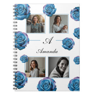 Modern Blue Rose Monogram Photo Collage Custom Mom Notebook
