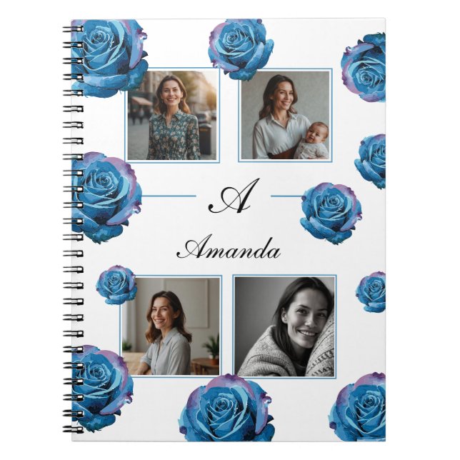 Modern Blue Rose Monogram Photo Collage Custom Mom Notebook (Front)