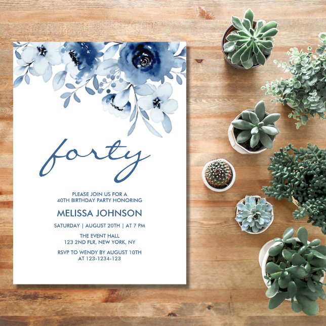 Modern Blue Roses Floral Greenery 40th Birthday Invitation (Creator Uploaded)