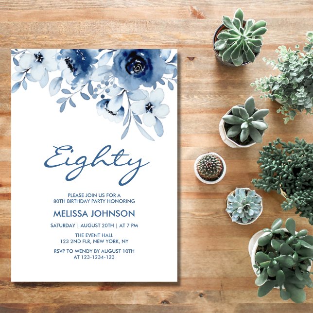 Modern Blue Roses Floral Greenery 80th Birthday Invitation (Creator Uploaded)