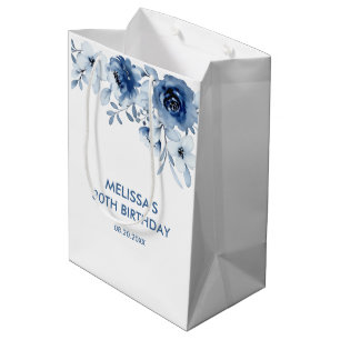 Modern Blue Roses Floral Greenery Birthday Medium Gift Bag