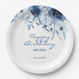 Modern Blue Roses Floral Greenery Birthday Paper Plate