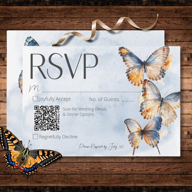 Modern Blue & Rust Watercolor Butterflies QR Code RSVP Card (Modern Blue & Rust Watercolor Butterflies QR Code RSVP Card)
