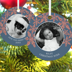 Modern Blue Rustic Snowflake 2 Photo Chic Holiday Metal Ornament