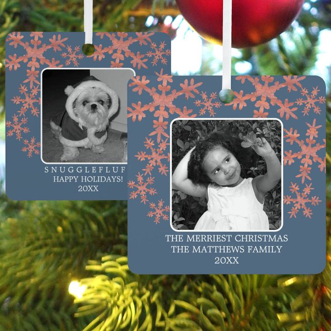 Modern Blue Rustic Snowflake 2 Photo Cute Holiday Metal Ornament (Add your 2 photos to this double sided Christmas ornament in blue with rustic faux wood snowflakes)