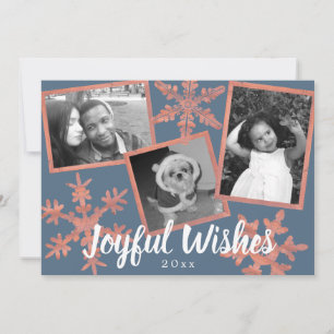 Modern Blue Rustic Snowflake 3 Photo Christmas Holiday Card