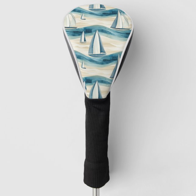 Modern Blue Sailboat Ocean Wave Pattern Golf Head Cover (Front)