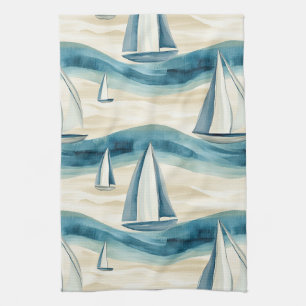 Modern Blue Sailboat Ocean Wave Pattern Kitchen Towel