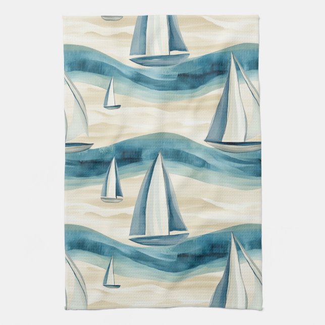 Modern Blue Sailboat Ocean Wave Pattern Kitchen Towel (Vertical)