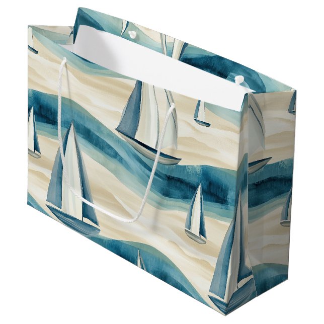 Modern Blue Sailboat Ocean Wave Pattern Large Gift Bag (Front Angled)