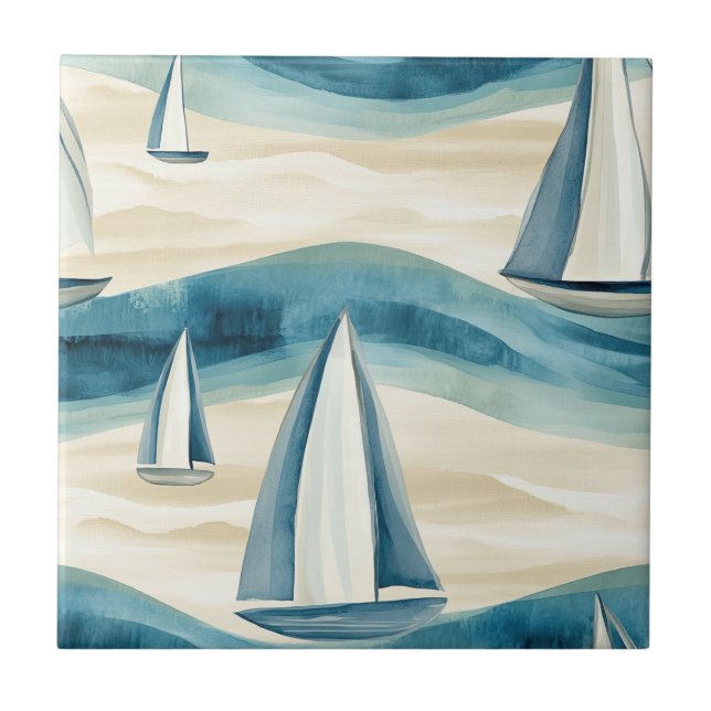 Modern Blue Sailboat Ocean Wave Pattern Tile (Front)