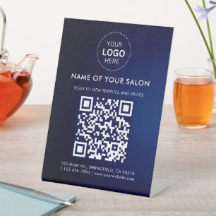 Modern Blue Salon Business QR Code and Logo Pedestal Sign