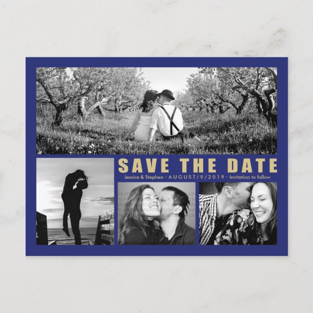 Modern Blue Save The Date Collage 4 Photo Postcard (Front)
