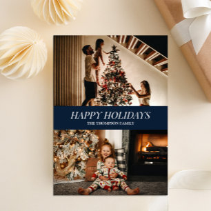 Modern Blue Script Happy Holidays Christmas Photo Holiday Card