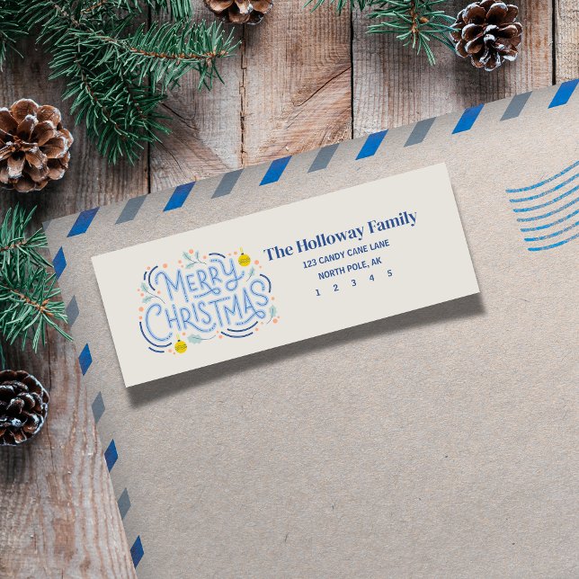 Modern Blue Script Merry Christmas  Return Address (Send holiday greetings with a classic touch! )