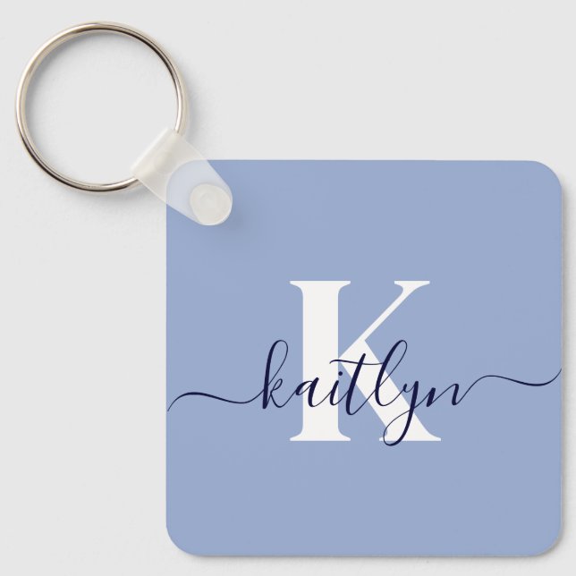 Modern Blue Script Monogram Keychain (Front)