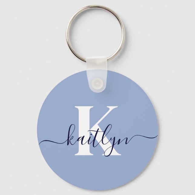 Modern Blue Script Monogram Keychain (Front)