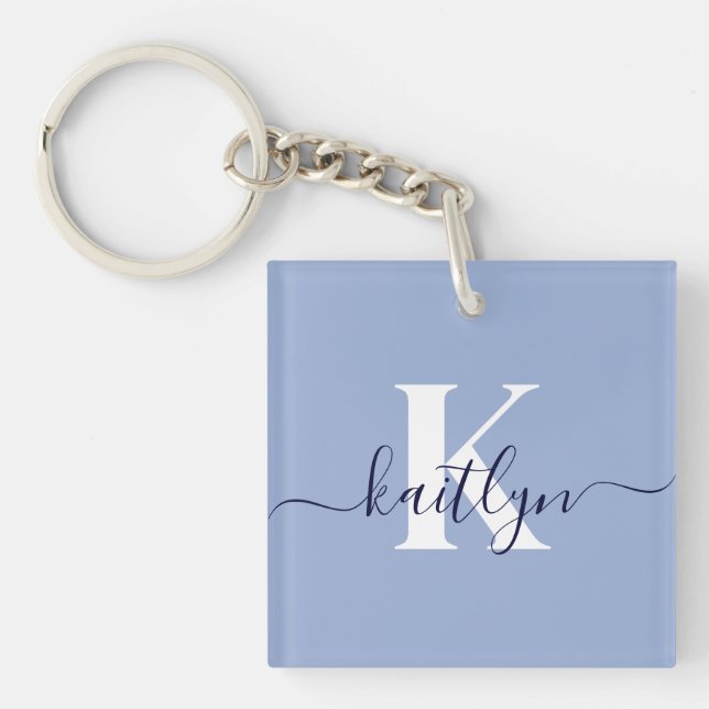 Modern Blue Script Monogram Keychain (Front)
