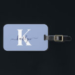 Modern Blue Script Monogram Luggage Tag<br><div class="desc">This simple, elegant light blue luggage tag with your first name in a trendy script font in navy blue typed over your first initial in a modern cap font in white on one side and a slide in card for your name, address and phone number on the other would look...</div>