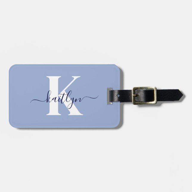 Modern Blue Script Monogram Luggage Tag (Front Horizontal)