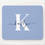 Modern Blue Script Monogram Mouse Pad<br><div class="desc">This simple, elegant light blue mousepad with your first name in a trendy script font in navy blue typed over your first initial in a modern cap font in white is perfect for your office/desk. It's stylish and trendy and yet very classic.</div>