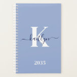 Modern Blue Script Monogram Planner<br><div class="desc">This simple, elegant light blue 5.5 x 8.5 soft planner with your first name in a trendy script font in navy blue typed over your first initial in a modern cap font in white is perfect for you. It's stylish and trendy and yet very classic. It will make keeping appointments,...</div>