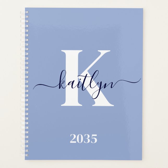 Modern Blue Script Monogram Planner (Front)
