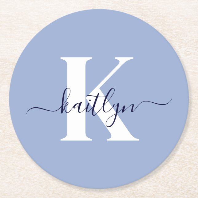 Modern Blue Script Monogram Round Paper Coaster (Front)