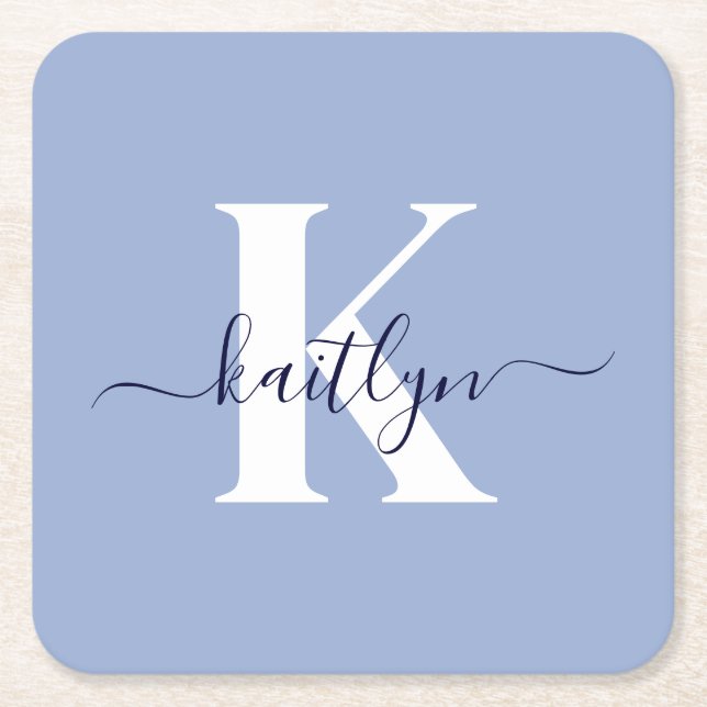 Modern Blue Script Monogram Square Paper Coaster (Front)