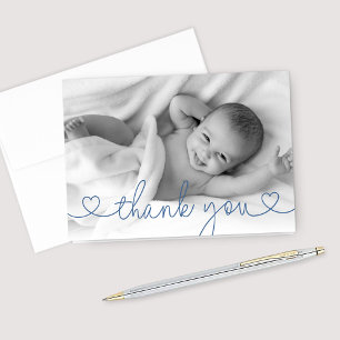 Modern Blue Script Newborn Boy Photo Thank You Card