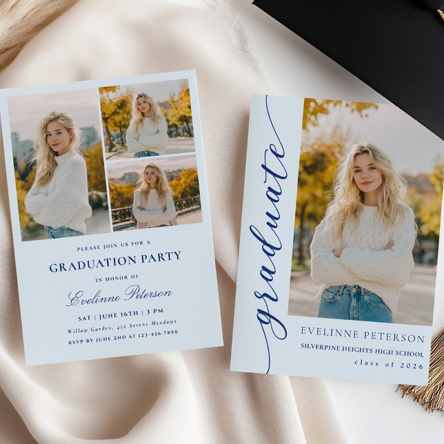 Modern Blue Script Photo Graduation Invitation (Créateur téléchargé)