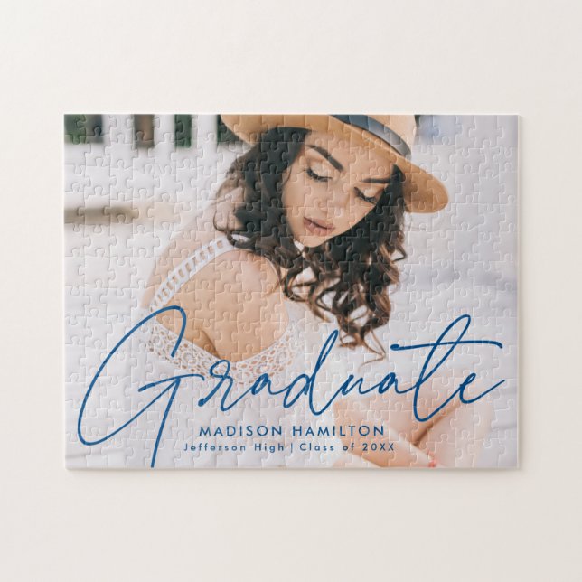 Modern Blue Script Photo Graduation Jigsaw Puzzle (Horizontal)
