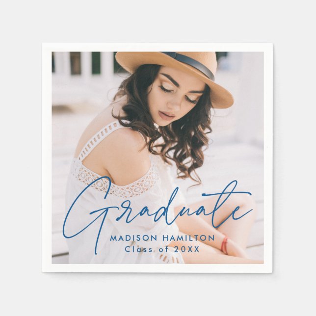 Modern Blue Script Photo Graduation Napkin (Front)